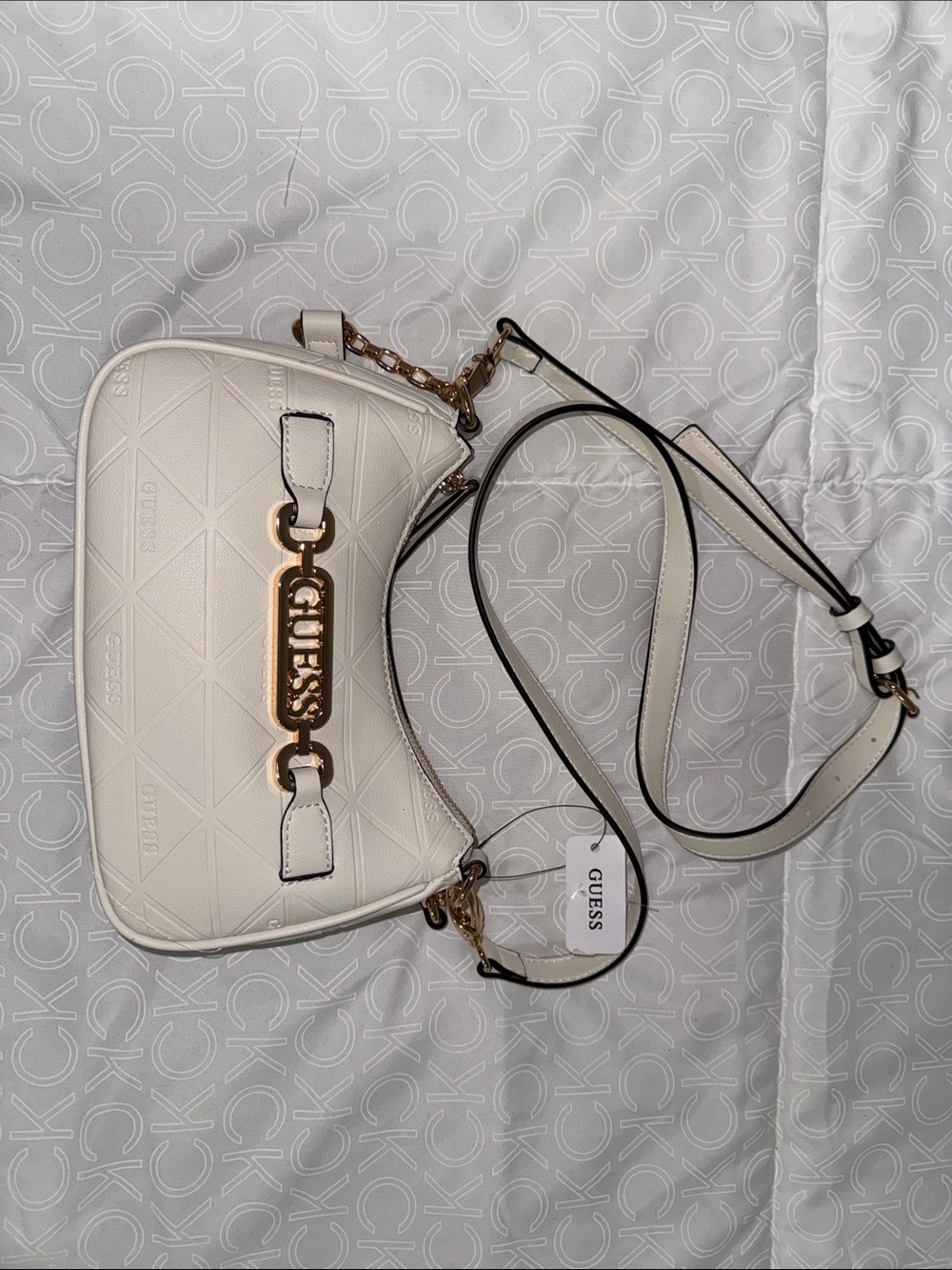 GUESS Cream Quilted Crossbody with Gold Logo Chain